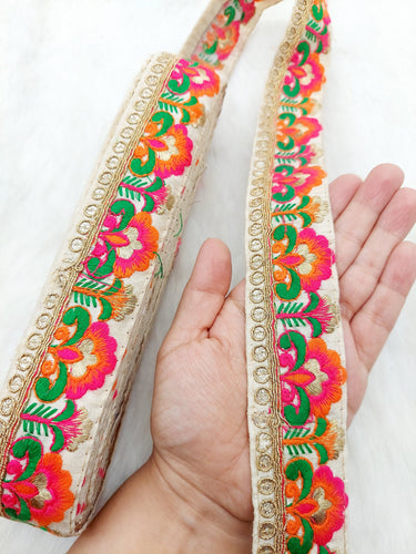 Beige Art Silk Lace Trim in Floral Embroidery, Gold Sequins Embellishments, Decorative Trim
